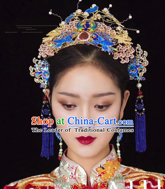 Chinese Ancient Handmade Palace Traditional Cloisonne Phoenix Coronet Hair Accessories Xiuhe Suit Hairpins for Women