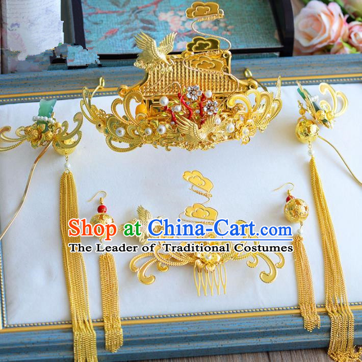 Chinese Ancient Handmade Palace Golden Hair Clips Traditional Hair Accessories Xiuhe Suit Hairpins for Women