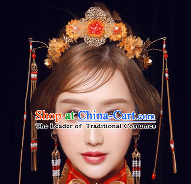 Ancient Chinese Handmade Tassel Phoenix Coronet Traditional Hair Accessories Xiuhe Suit Hairpins for Women