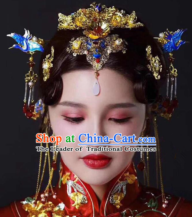 Ancient Chinese Handmade Traditional Hair Accessories Blueing Phoenix Coronet Xiuhe Suit Hairpins for Women