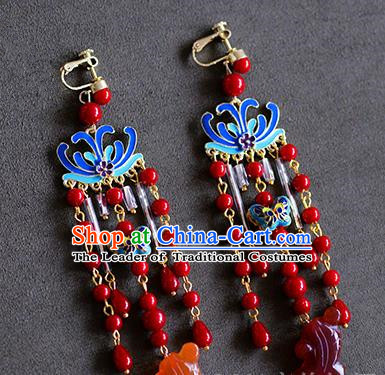 Top Grade Chinese Handmade Wedding Red Beads Tassel Earrings Accessories Bride Blueing Lotus Eardrop for Women