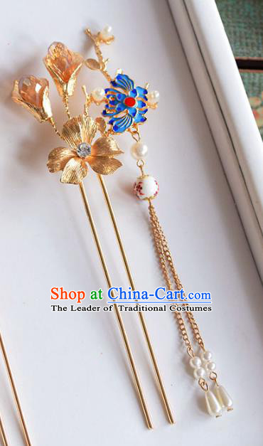 Ancient Chinese Handmade Classical Hair Accessories Palace Hairpins Blueing Lotus Hair Clip for Women