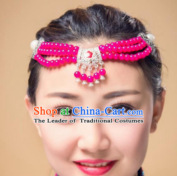 Traditional Chinese Mongol Nationality Dance Hair Accessories, Mongolian Minority Rosy Beads Tassel Headwear for Women