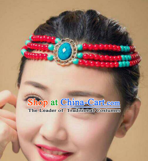 Traditional Chinese Mongol Nationality Dance Hair Accessories, Mongolian Minority Beads Hair Clasp Headwear for Women