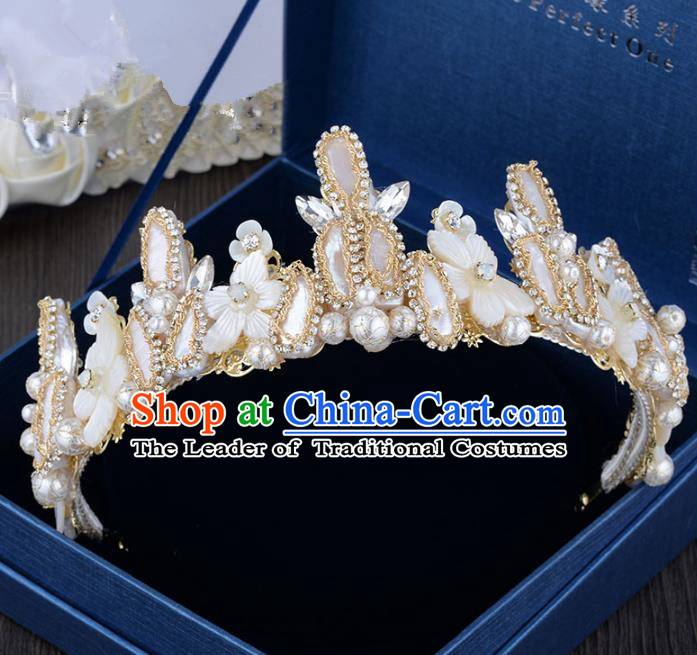 Top Grade Handmade Hair Accessories Baroque Shell Pearls Royal Crown Headwear for Women