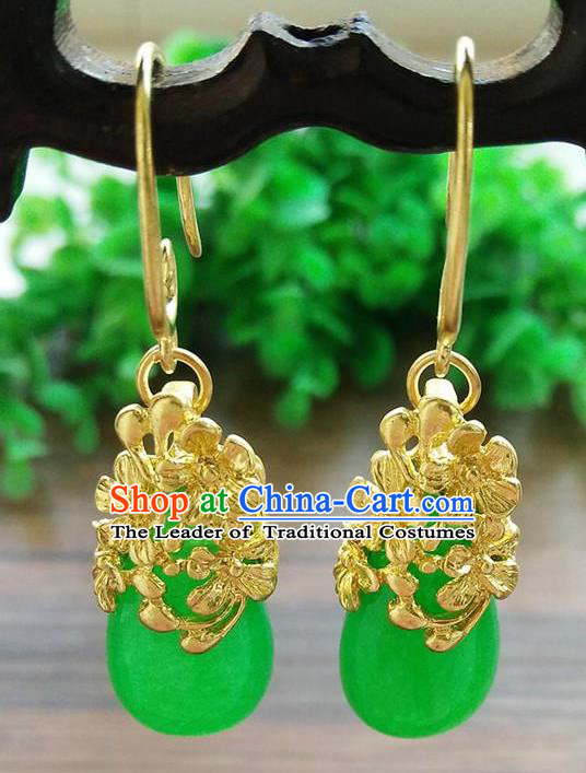 Top Grade Chinese Handmade Wedding Accessories Brass Eardrop Hanfu Green Jade Earrings for Women