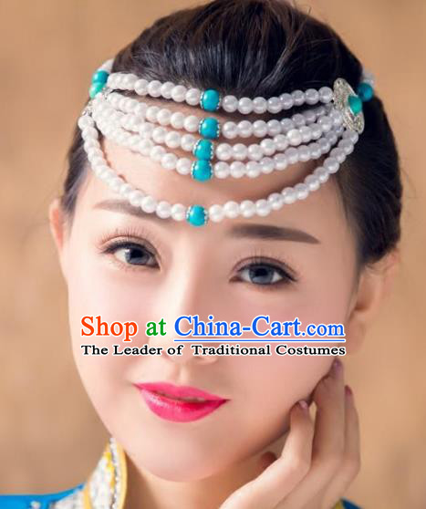 Traditional Chinese Mongol Nationality Handmade Hair Accessories, Handmade Mongolian Minority Beads Headwear for Women