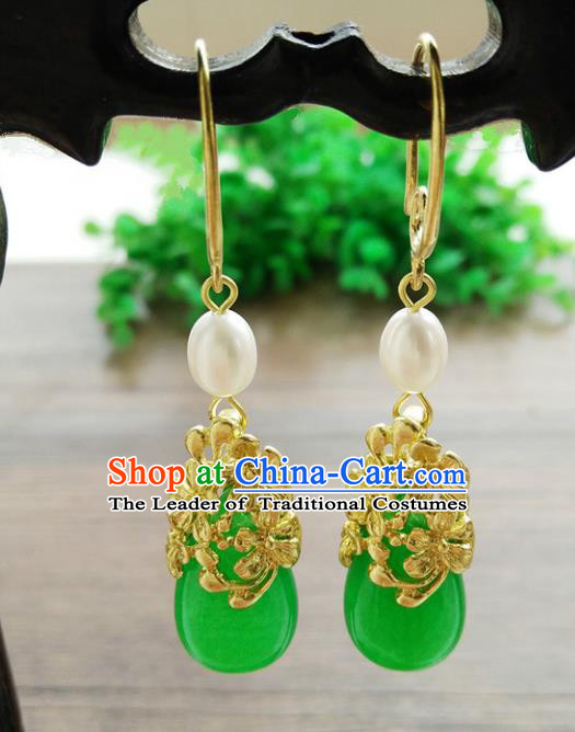 Top Grade Chinese Handmade Wedding Accessories Jade Eardrop Hanfu Pearl Brass Earrings for Women