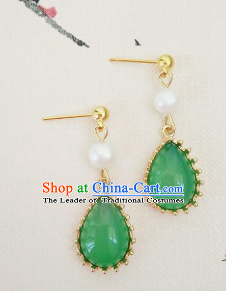 Top Grade Chinese Handmade Accessories Hanfu Eardrop Green Jade Earrings for Women