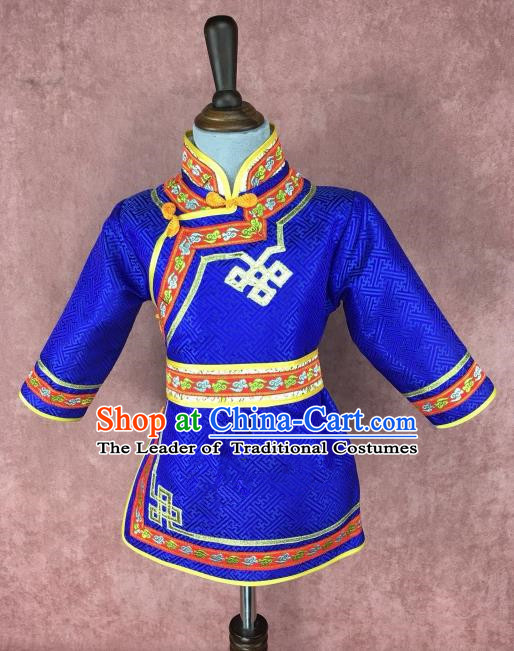 Traditional Chinese Mongol Nationality Costume Children Royalblue Mongolian Robe, Mongolian Folk Dance Clothing for Kids