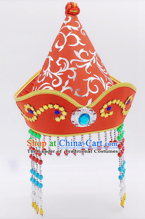 Traditional Chinese Mongol Nationality Princess Hair Accessories, Mongolian Minority Red Hats for Kids