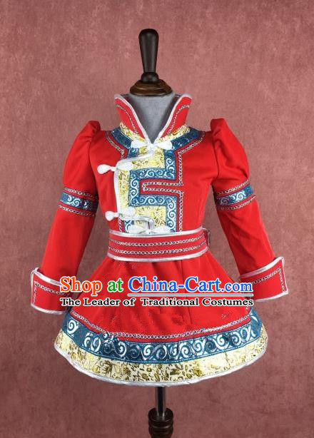 Traditional Chinese Mongol Nationality Costume Children Red Dress, Mongolian Folk Dance Clothing for Kids