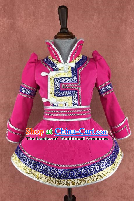 Traditional Chinese Mongol Nationality Costume Children Rosy Dress, Mongolian Folk Dance Clothing for Kids