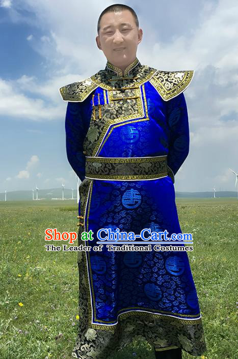 Chinese Mongol Nationality Royal Highness Costume, Traditional Mongolian Folk Dance Clothing Royalblue Mongolian Robe for Men