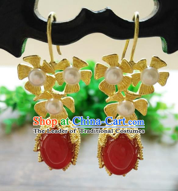 Chinese Handmade Accessories Hanfu Princess Red Agate Eardrop Ancient Pearls Earrings for Women
