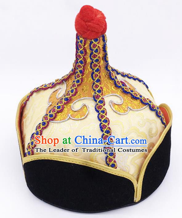 Traditional Chinese Mongol Nationality Yellow Hat Hair Accessories, Handmade Mongolian Minority Prince Hats Headwear for Men