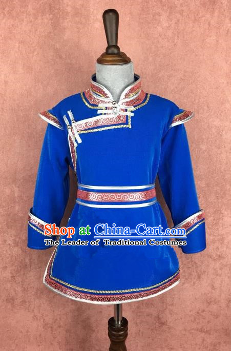 Traditional Chinese Mongol Nationality Costume, Mongolian Folk Dance Royalblue Robe Clothing for Kids