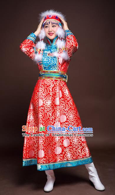 Chinese Mongol Nationality Ethnic Dance Costume, Traditional Mongolian Folk Dance Clothing Red Mongolian Robe for Women