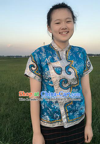 Chinese Mongol Nationality Ethnic Blue Blouse Costume, Traditional Mongolian Folk Dance Waistcoat for Women