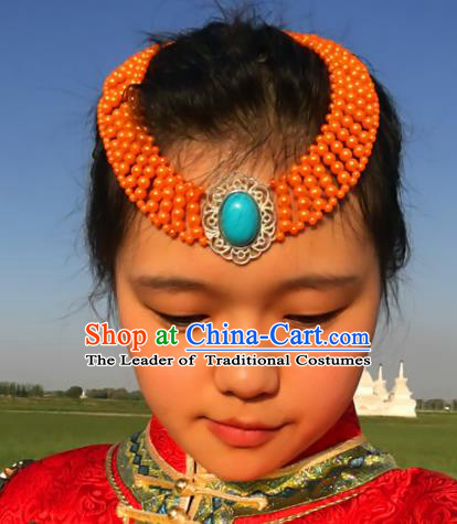 Traditional Chinese Mongol Nationality Princess Orange Beads Hair Accessories, Mongolian Minority Hair Jewelry Dance Headwear for Women