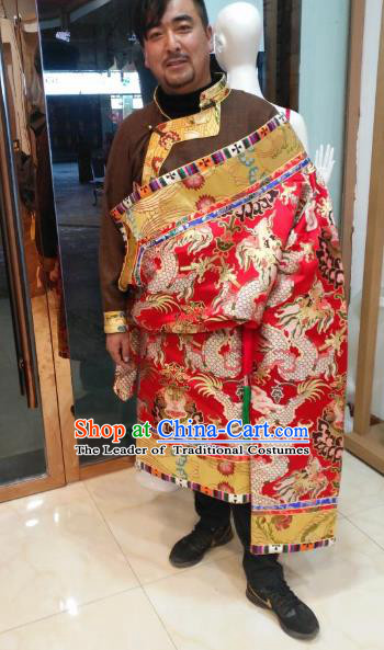 Chinese Traditional Tibetan Minority Dance Costume Zang Nationality Red Tibetan Robe for Men