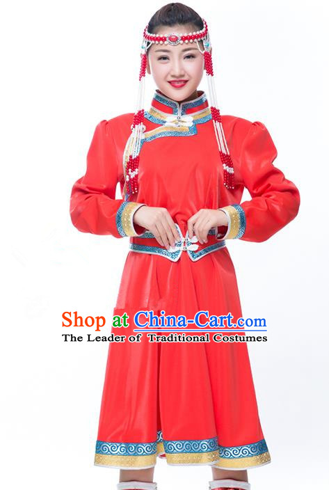 Chinese Traditional Female Ethnic Costume Red Mongolian Robe, China Mongolian Minority Folk Dance Clothing for Women