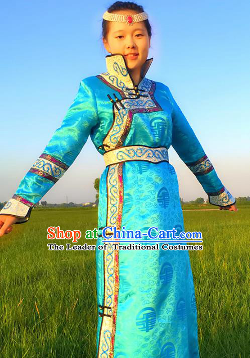 Chinese Mongol Nationality Female Ethnic Costume, Traditional Mongolian Folk Dance Blue Mongolian Robe for Women