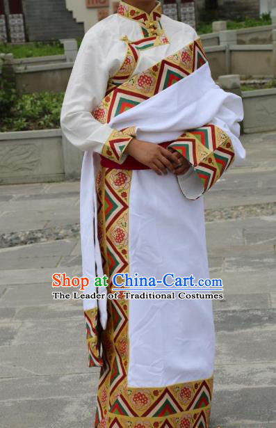 Chinese Traditional Minority Dance Costume White Tibetan Robe Zang Nationality Clothing for Women