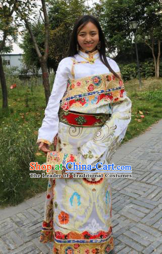 Chinese Traditional Minority Wedding Costume White Tibetan Robe Zang Nationality Clothing for Women