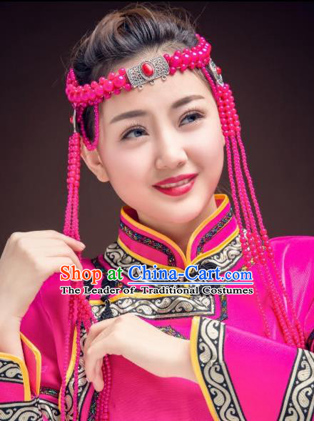 Traditional Chinese Folk Dance Tassel Hair Accessories, Mongolian Minority Rosy Beads Hair Jewelry Dance Headband for Women