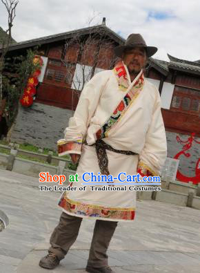 Chinese Traditional Tibetan Minority Wedding Costume Zang Nationality White Brocade Tibetan Robe for Men