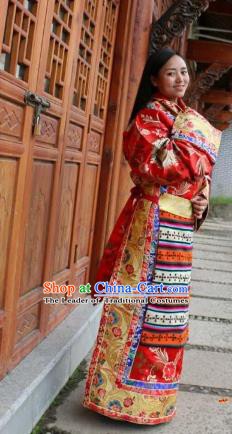 Chinese Traditional Red Wedding Tibetan Robe Minority Costume Zang Nationality Clothing for Women