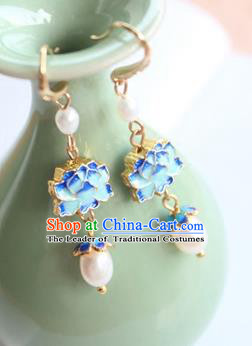 Chinese Ancient Handmade Earrings Accessories Hanfu Blueing Lotus Eardrop for Women
