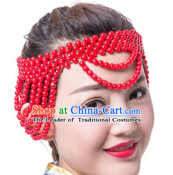 Chinese Traditional Folk Dance Hair Accessories Red Beads Hair Clasp, Mongolian Minority Dance Headwear for Women