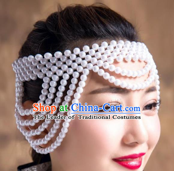 Chinese Traditional Folk Dance Hair Accessories White Beads Hair Clasp, Mongolian Minority Dance Headwear for Women