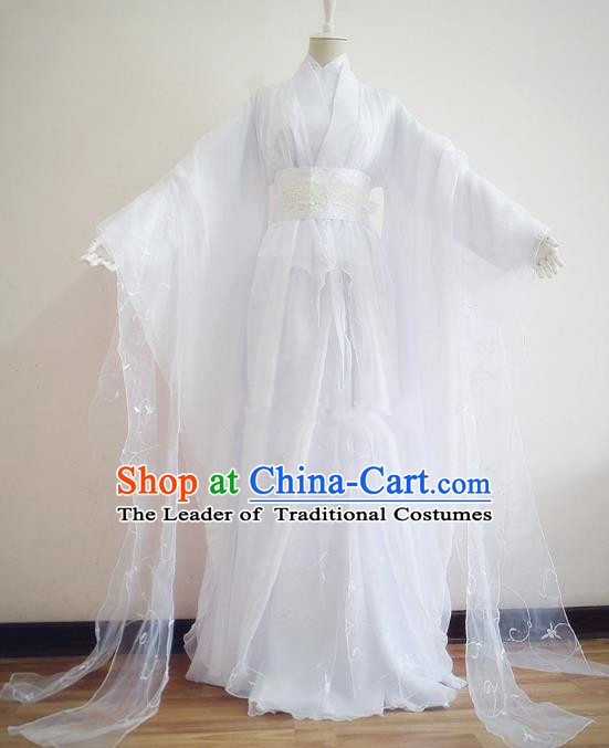 Chinese Traditional Han Dynasty Swordswoman White Hanfu Dress Ancient Fairy Clothing for Women