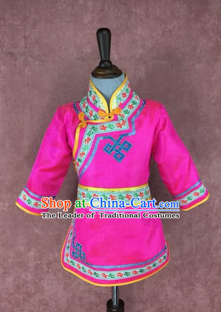 Chinese Traditional Ethnic Costume Children Rosy Mongolian Robe, China Mongolian Minority Folk Dance Clothing for Kids