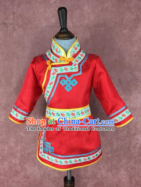 Chinese Traditional Ethnic Costume Children Red Mongolian Robe, China Mongolian Minority Folk Dance Clothing for Kids