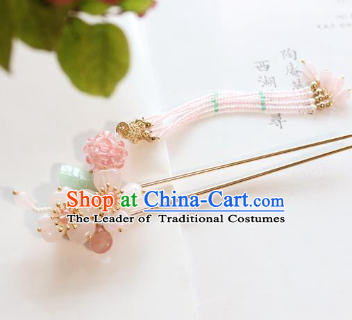 Chinese Ancient Handmade Palace Pink Beads Tassel Hair Clip Hair Accessories Hanfu Hairpins for Women