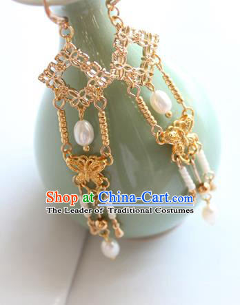 Chinese Ancient Handmade Hanfu Accessories Golden Earrings for Women