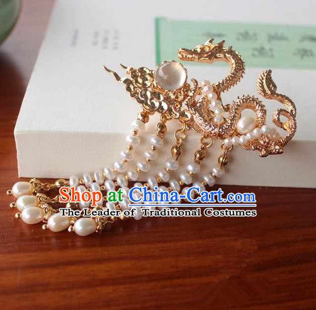 Chinese Ancient Handmade Classical Golden Dragon Hair Claw Hair Accessories Hanfu Tassel Hairpins for Women