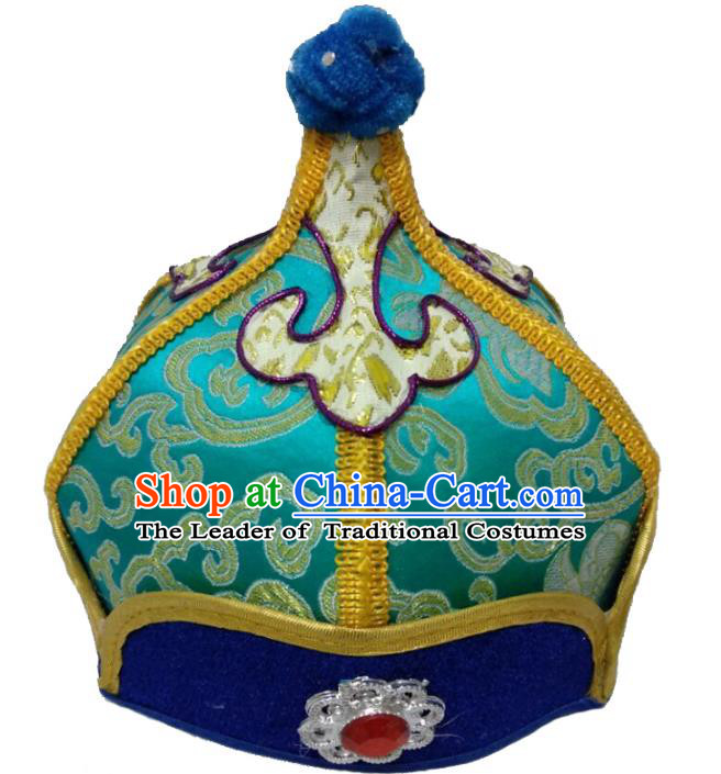 Chinese Handmade Mongol Nationality Wedding Hats Mongolian Prince Green Hats for Men