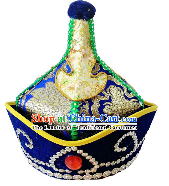 Chinese Handmade Mongol Nationality Wedding Blue Hats Mongolian Royal Highness Hats for Men