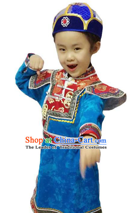 Chinese Mongol Nationality Costume Traditional Mongolian Minority Folk Dance Blue Mongolian Robe for Kids