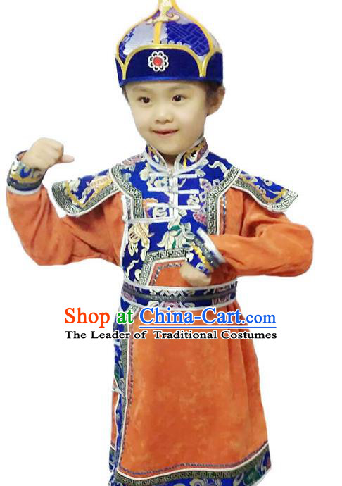 Chinese Mongol Nationality Costume Traditional Mongolian Minority Folk Dance Orange Mongolian Robe for Kids