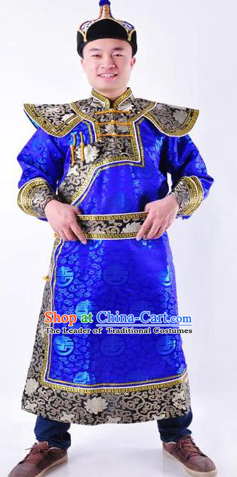 Chinese Mongol Nationality Costume Traditional Mongolian Royal Highness Royalblue Mongolian Robe for Men