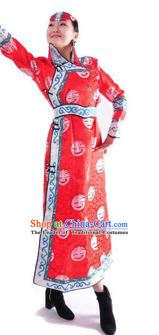 Chinese Mongol Nationality Folk Dance Costume Traditional Red Mongolian Robe for Women