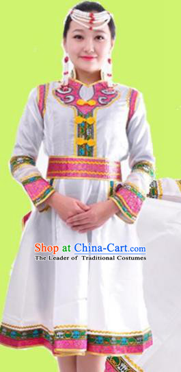 Chinese Mongol Nationality Folk Dance White Dress Costume Traditional Mongolian Minority Clothing for Women