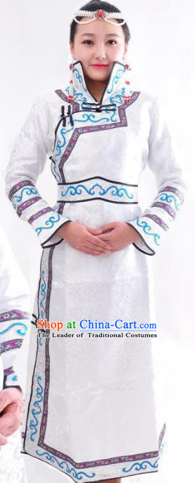 Chinese Mongol Nationality Folk Dance Costume Traditional Mongolian Minority White Mongolian Robe for Women