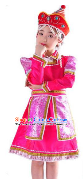 Chinese Mongol Nationality Folk Dance Costume Traditional Mongolian Minority Pink Mongolian Robe for Kids